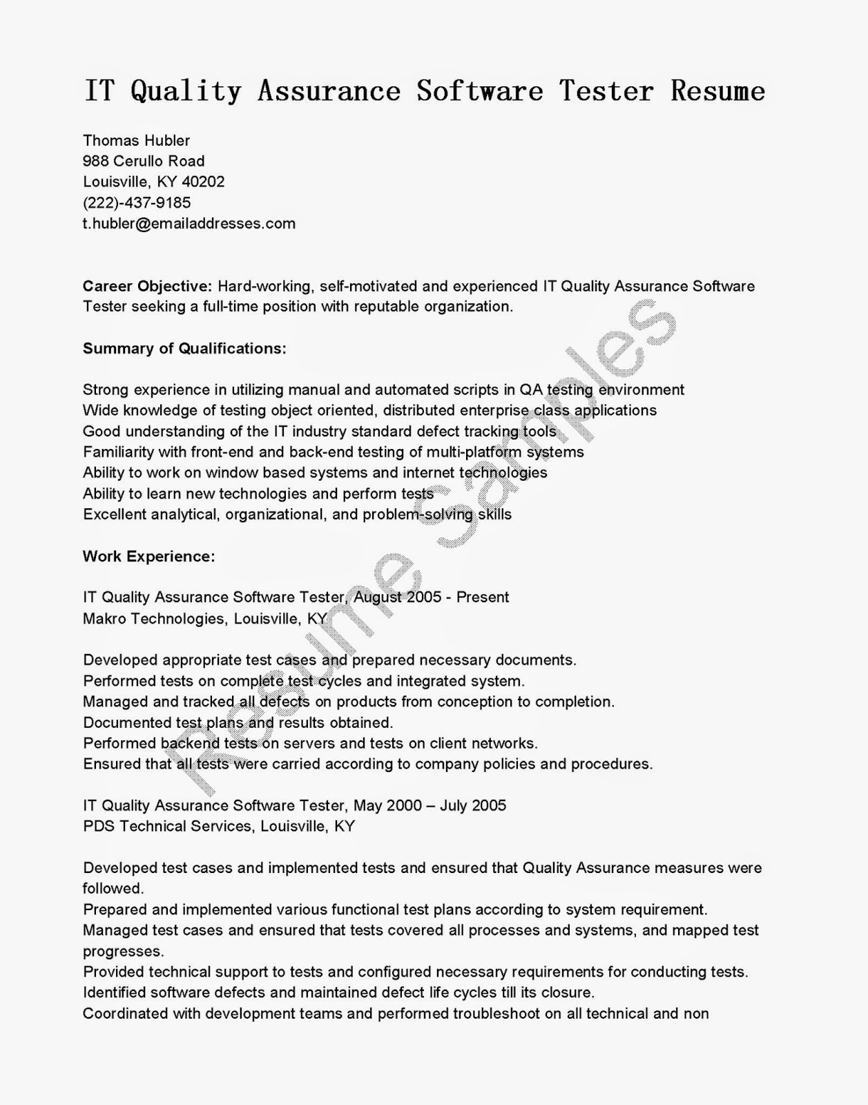 Entry level manual qa tester resume sample